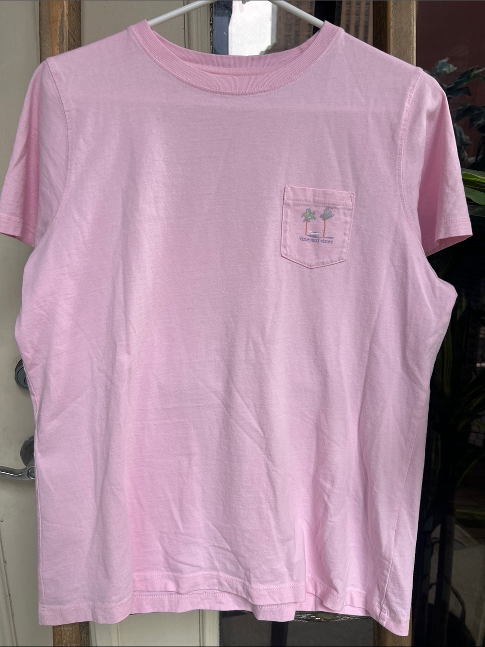Vineyard Vines Light Pink Short Sleeve Pocket Tee with Palm Motif